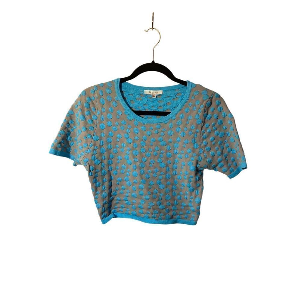 Lucy Paris, gray and blue polkadot, net, short sleeve, sweater, size large